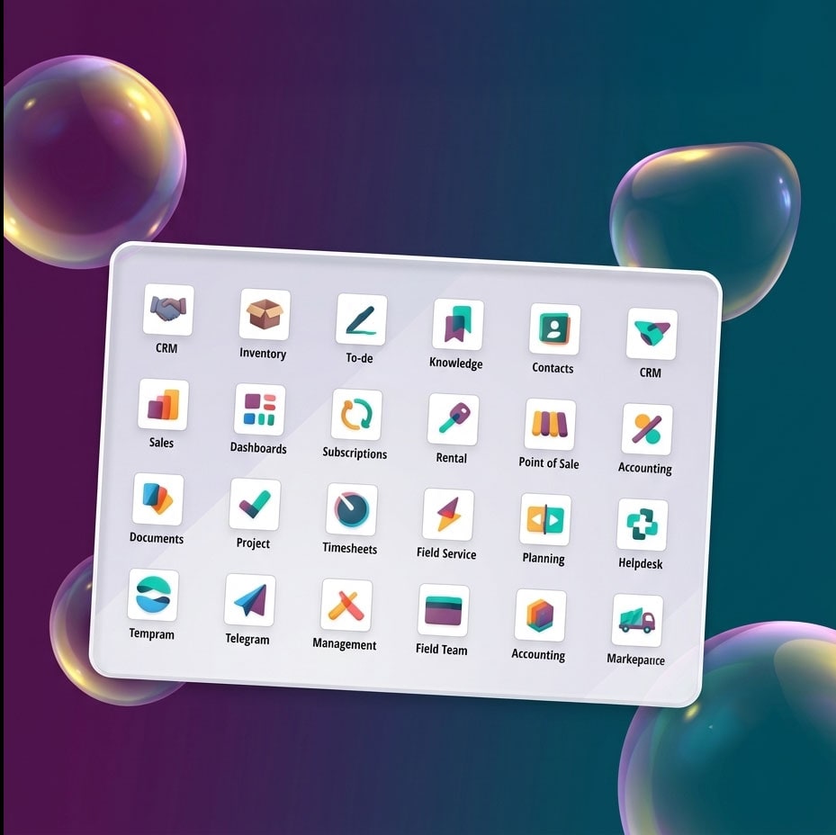 Grille des applications Odoo : CRM, Stock, Ventes, Comptabilité, Projet, Field Service et plus, les modules opérationnels que Scaleo configure pour les importateurs B2B au Maroc.