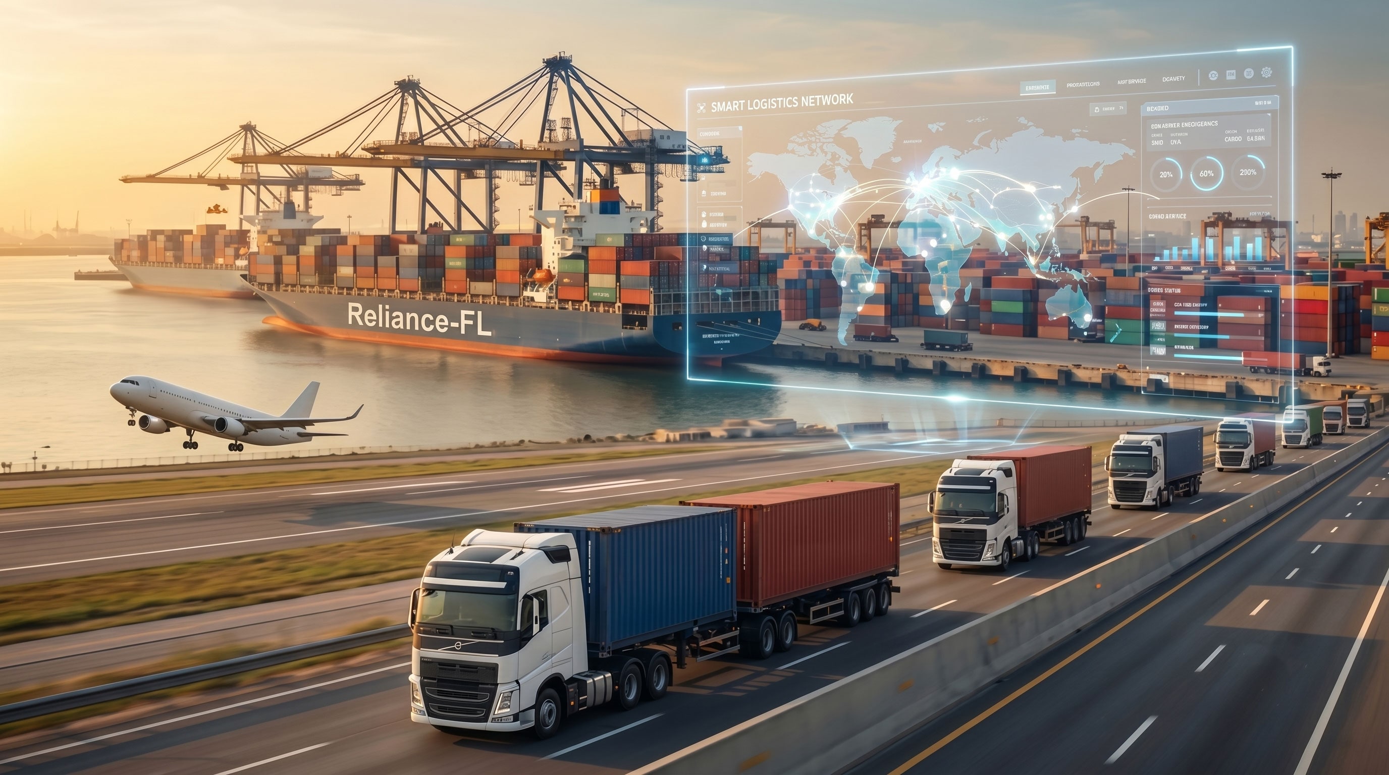 Réseau logistique intelligent Scaleo pour importateurs B2B au Maroc : grues portuaires, navire porte-conteneurs, convoi de camions, avion, et tableau de bord opérationnel temps réel, l'état cible que Scaleo construit pour les importateurs B2B sur le corridor de Tanger Med et au-delà.